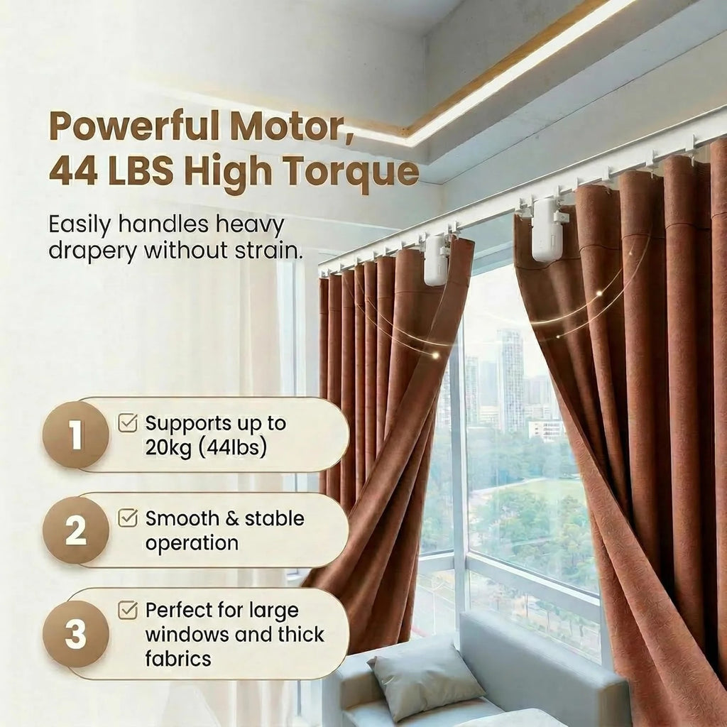 Smart Electric Curtain Opener – 20KG High-Torque Motor, Rechargeable Battery, Bluetooth Remote Control, Silent & Power Modes, Fits Roman/U-Type/T-Type Curtain Tracks