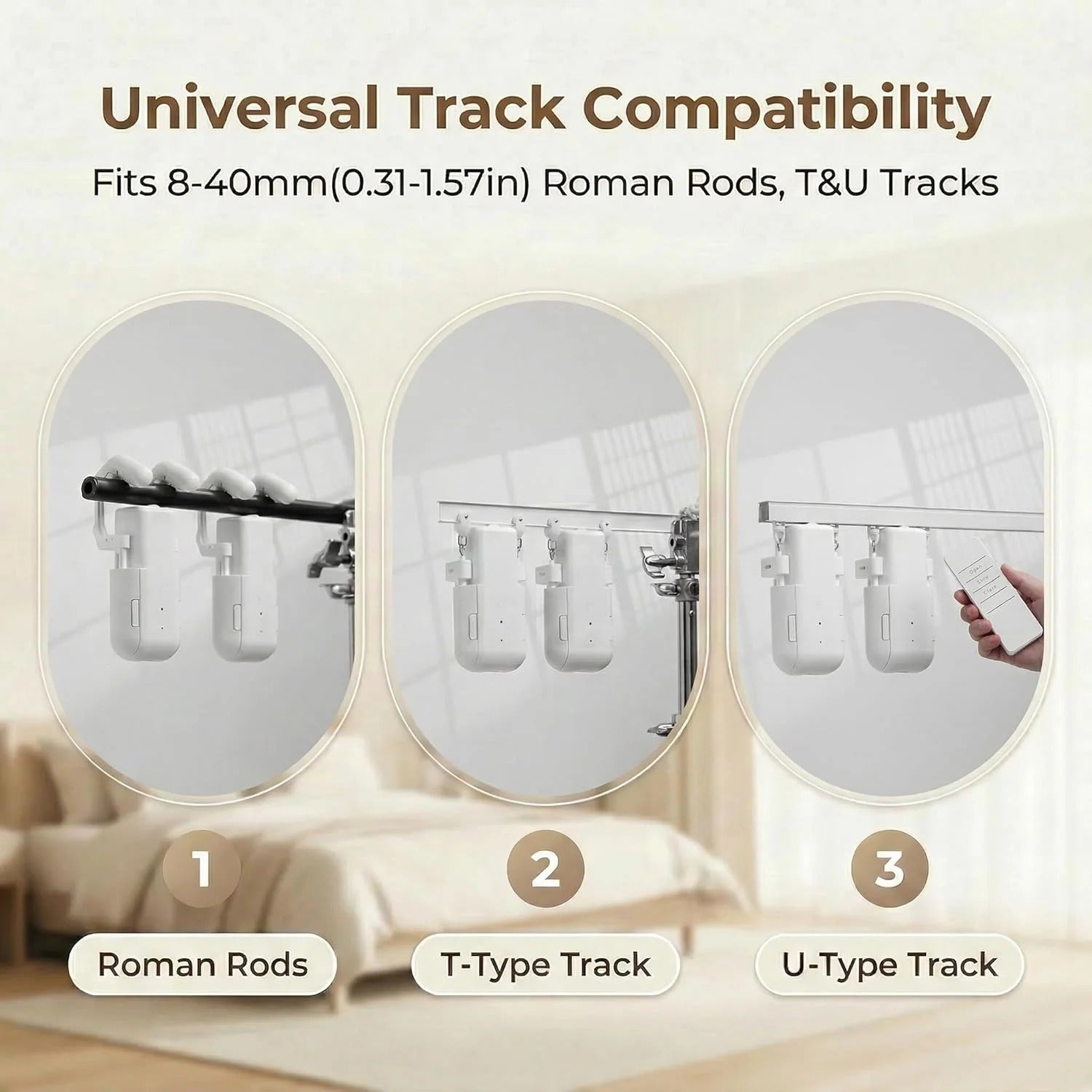 Smart Electric Curtain Opener – 20KG High-Torque Motor, Rechargeable Battery, Bluetooth Remote Control, Silent & Power Modes, Fits Roman/U-Type/T-Type Curtain Tracks