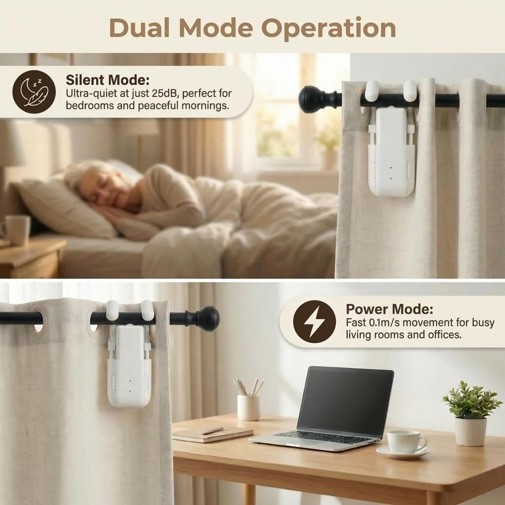 Smart Electric Curtain Opener – 20KG High-Torque Motor, Rechargeable Battery, Bluetooth Remote Control, Silent & Power Modes, Fits Roman/U-Type/T-Type Curtain Tracks